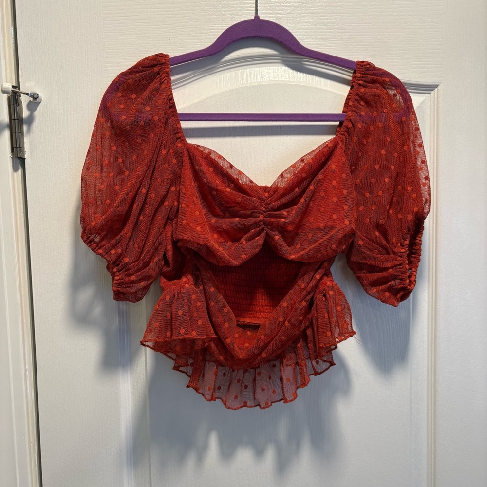 Burnt orange dot Sheer puff sleeve Women's Top